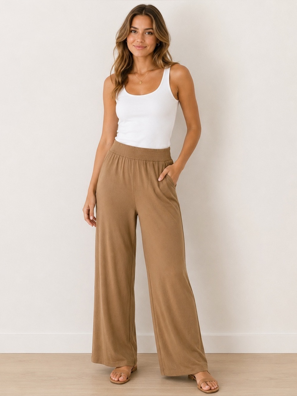 Calvin Klein Camel Brown wide leg flowy loose relaxed fit pull on pants Sz M NWT